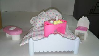 Playskool Dollhouse Vtg Bed,  Comforter,  Pillows,  Tray,  Side Table And Side Chair