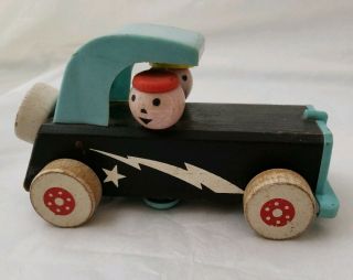 Vintage Black Fisher Price Wooden 674 Sports Car Toy With Lightning Bolt Rare