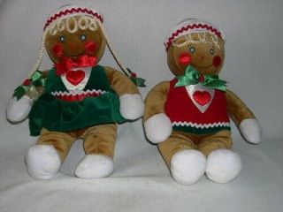 (2) Vtg 1990 Christmas Holiday Gingerbread Girl & Boy Plush Stuffed Dolls