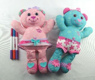 2014 Doodle Bears Blue & Pink Plush Stuffed Teddy Bear Animals Bundle Of 2