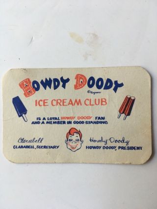 Rare 1954 - 1955 Howdy Doody Ice Cream Club Membership Card Very Cool