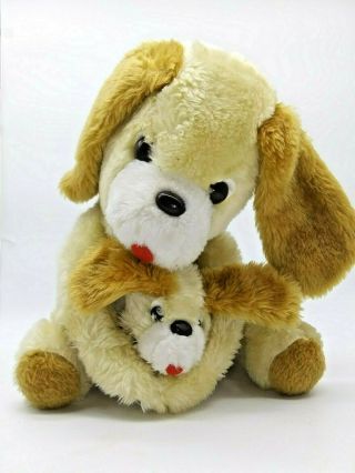 Vintage Plush Big Mom Dog Holding Little Baby Puppy Set By Tuesday Morning 13 "