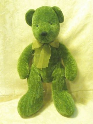 Pier 1 Imports 15 " Green Corduroy Floppy Teddy Bear Sitting Bow Plush Stuffed