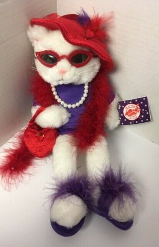 Red Hat Society White Kitty Cat 15 " Plush Mwt Glasses Pearls Burton & Burton