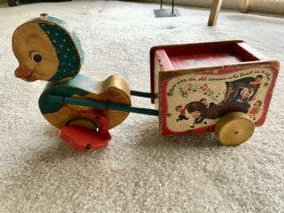 Vintage Fisher Price Pull Toy Wooden Mother Goose 784 Musical Cart Rhymes