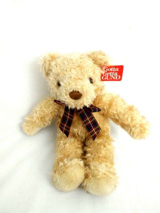 Gund Wuzzy Teddy Bear Curly Light Golden Brown Fur Plaid Bow Plush Bear 6402