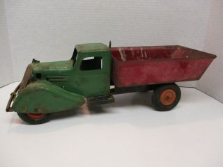 Vintage Wyandotte Green And Red Pressed Steel Toy Dump Truck Rubber Tires