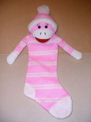 Dan Dee Sock Monkey Plush 18  Pink White Stripe Christmas Stocking Htf