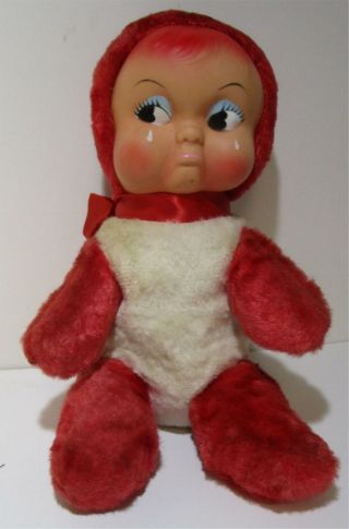 Vintage Rubber Face Crying Sad Little Red And White Plush Baby Big Eyes