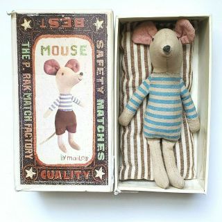 Maileg Mouse Plush In Match Box Little Brother Boy Striped Outfit