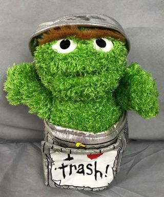 Sesame Street Plush Oscar The Grouch Stuffed Animal I Love Heart Trash Trashcan