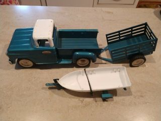 Vintage 1960s Tonka Pickup Truck,  Trailer,  And Boat With Trailer Pressed Steel