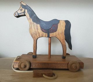 Vintage Wood Pull Along Horse Toy With Block Pull Euc 8 " Tall
