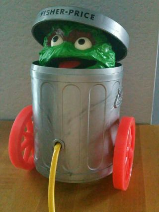 Vintage Fisher Price Sesame Street Oscar The Grouch Trash Can Pull Toy