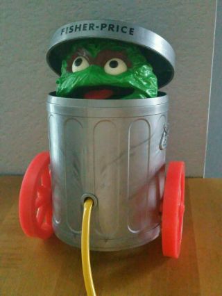 Vintage Fisher Price Sesame Street Oscar the Grouch Trash Can Pull Toy 3