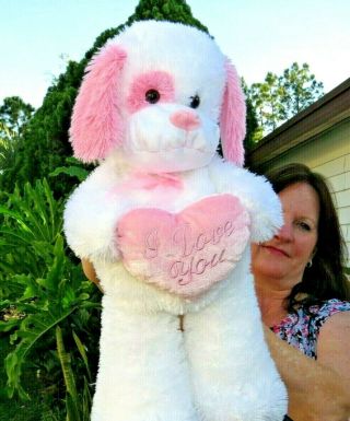 Large Best Toy White & Pink I Love You Heart Puppy Dog Plush Foam Stuffed Doll