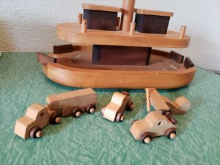 Tucker Toys Vintage Wood Ferry With 2 Cars.  Truck With Trailer,  And Helicopter