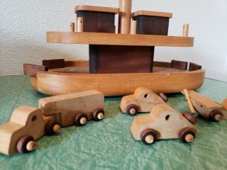Tucker Toys Vintage Wood Ferry with 2 Cars.  Truck with Trailer,  and Helicopter 2