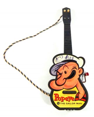 1970 Mattel Music Maker Guitar Toy Popeye The Sailor Man Wind Up Musical Guitar