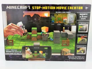 Nib Mattel Mojang Minecraft Stop - Motion Movie Creator Kit W/ 4 Exclusive Figures