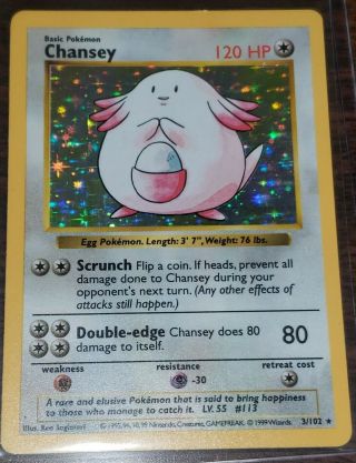 Chansey 3/102 Shadowless Holo Rare Base Set Pokemon Card - Exc / Near