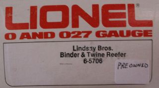 Lionel O Gauge O27 Lindsay Bros Binder& Twine Reefer Boxcar Box Car 6 - 5706U 2