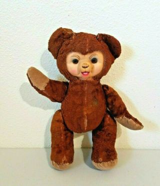Vintage Rubber Face Rushton Style Brown Teddy Bear Stuffed Plush 13 "