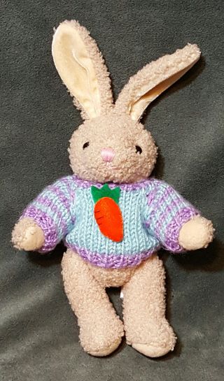 1988 Viintage Chrisha Playful Plush Brown Bunny Rabbit Knitted Carrot Sweater