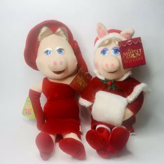Disney Muppets Miss Piggy Stuffed Plush Doll Muppet Show Red Dress Christmas