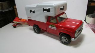 Vintage Restored Tonka Steel Red Pick Up Truck With Camper & Boat Trailer