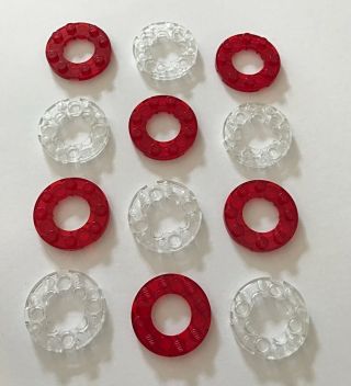 Lego 12 Pc Trans Red & Trans Clear Plate Round 4x4 With 2x2 Hole Part 11833