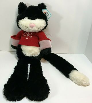 Jellycat 22 " Plush Black & White Cat Red Winter Snowflake Sweater " Loopie Cat "