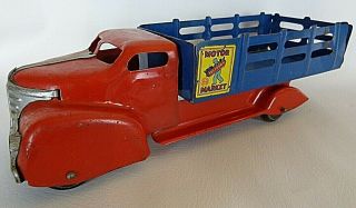 Vintage Marx Pressed Steel " Motor Market Delivery " Red Stake Truck,  Blue Bed,  14 "