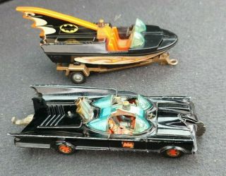 Corgi Toys Batmobile With Red Bat Hubs & Batboat On Trailer
