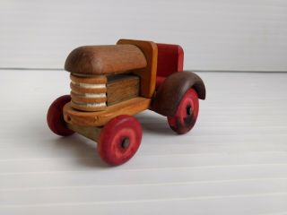 Solid Wood Wooden Vintage Farm Tractor Toy W/ Rolling Wheels Czechoslovakia
