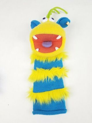 Knitted Sock Monster Hand Puppet W/ Squeaker By The Puppet Company Yellow Blue