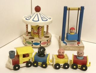 Fisher Price Little People Vintage Amusement Park Train Swing & Merry Go Round