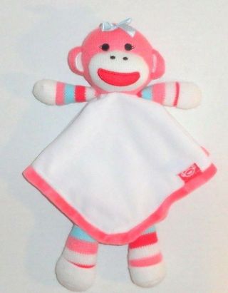 Baby Starters Pink Sock Monkey Security Blanket White Blue Stripes P14