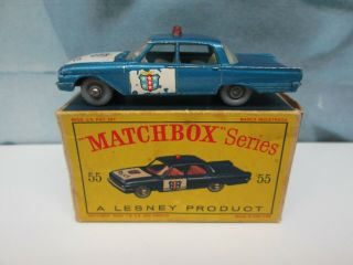 Matchbox/ Lesney 55b Ford Fairlane Police Car Blue / Grey Plastic Wheels Boxed