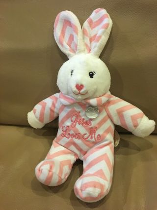 Dandee Jesus Loves Me Chevron Pink Bunny Rabbit Sound Singing Baby Plush 13”
