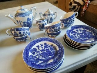 Japenese Blue Willow Tea Set For Kids Very Cute Only One Chip On The Tea Pot