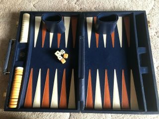 Vintage Backgammon Set - Faux Leather And Blue Case - Butterscotch & White Chips