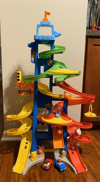 Fisher Price Toy Little People City Skyway 3ft Tall Car Ramp W/ 2 Cars Pre Owned