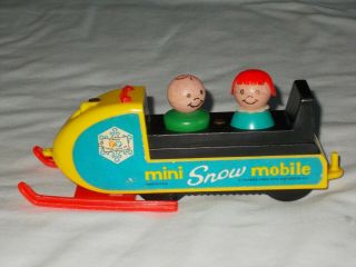 Vintage Fisher Price Little People Mini Snowmobile Set 705 1970 2 Wood People