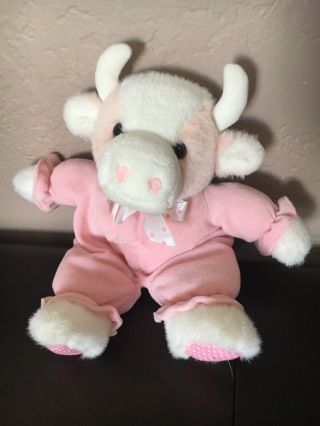 13 " Russ Kiddy Kuddlers Pink White Plush Velour Cow Rattle Stuffed Baby Toy