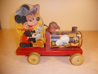 Vintage Fisher Price Mickey Mouse 485 Train Locomotive Wooden Pull Toy