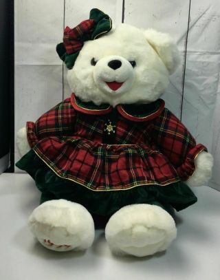1999 Snowflake Christmas Holiday White Teddy Bear Girl In Plaid Dress