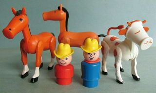 Fisher Price Little People Vintage Farm Animals W/ Tails Horses Cow 2 Farmers