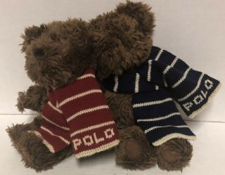 2 Ralph Lauren Polo Plush Stuffed Teddy Bear W/scarfs 10” Blue & 5” Red