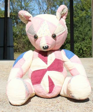 Vintage Handmade Quilted 17 " Teddy Bear - Stuffed Jointed - Pink Blue White